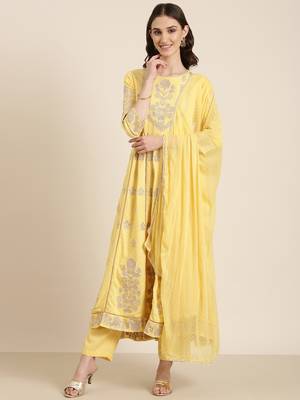 women's round neck floral foil print yellow anarkali kurta and trouser with dupatta 2