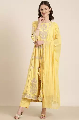 women's round neck floral foil print yellow anarkali kurta and trouser with dupatta