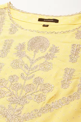 women's round neck floral foil print yellow anarkali kurta and trouser with dupatta