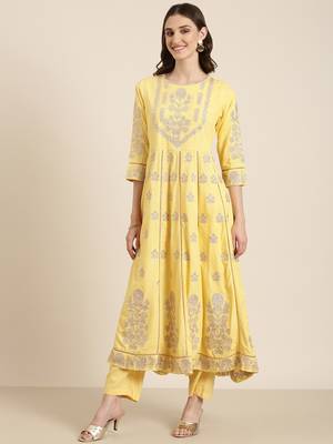 women's round neck floral foil print yellow anarkali kurta and trouser with dupatta 4