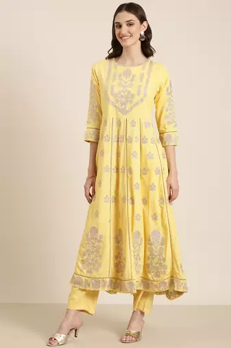 women's round neck floral foil print yellow anarkali kurta and trouser with dupatta