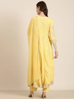 women's round neck floral foil print yellow anarkali kurta and trouser with dupatta 5