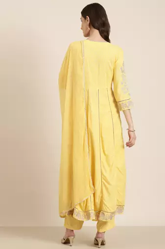 women's round neck floral foil print yellow anarkali kurta and trouser with dupatta