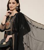 women's round neck striped zari black anarkali kurta and trouser with dupatta
