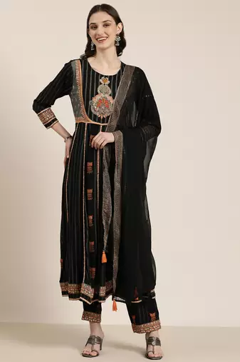 women's round neck striped zari black anarkali kurta and trouser with dupatta