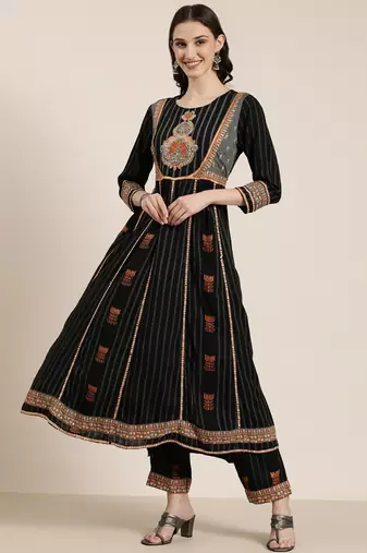 women's round neck striped zari black anarkali kurta and trouser with dupatta