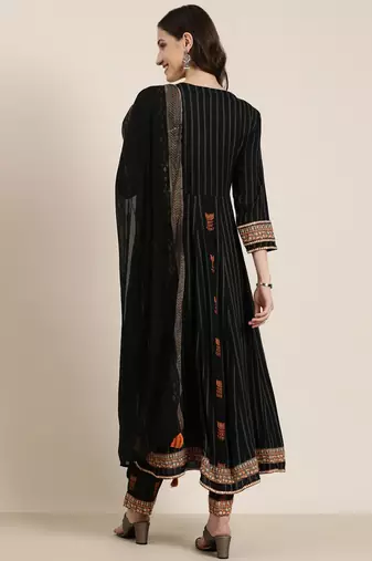 women's round neck striped zari black anarkali kurta and trouser with dupatta