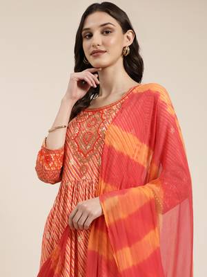 women's round neck leheriya leheriya orange anarkali kurta and trouser with dupatta 2