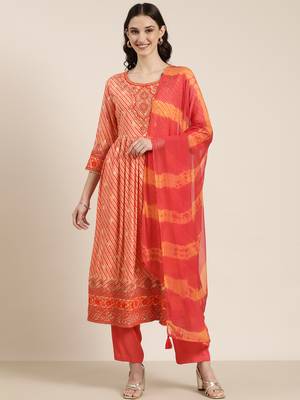 women's round neck leheriya leheriya orange anarkali kurta and trouser with dupatta 1