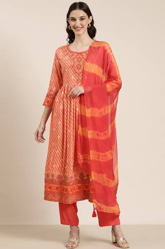 women's round neck leheriya leheriya orange anarkali kurta and trouser with dupatta