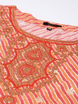 women's round neck leheriya leheriya orange anarkali kurta and trouser with dupatta 3