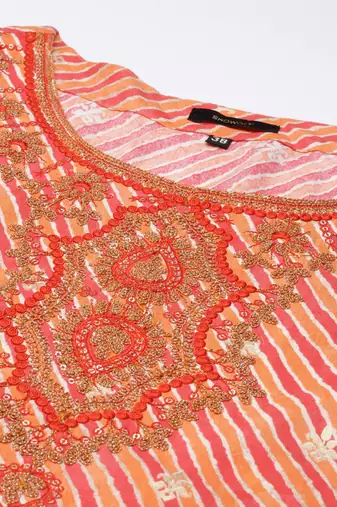 women's round neck leheriya leheriya orange anarkali kurta and trouser with dupatta