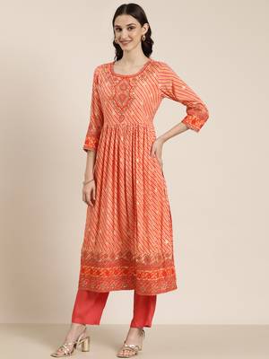 women's round neck leheriya leheriya orange anarkali kurta and trouser with dupatta 4