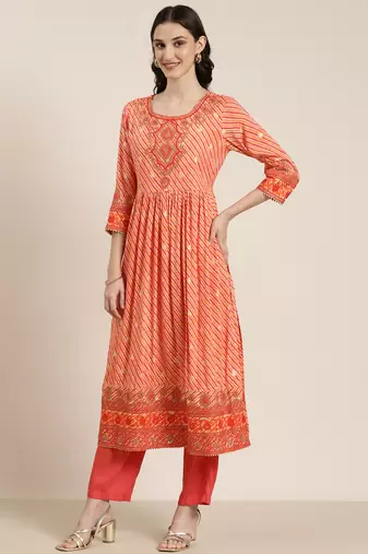 women's round neck leheriya leheriya orange anarkali kurta and trouser with dupatta