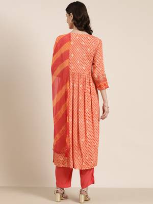 women's round neck leheriya leheriya orange anarkali kurta and trouser with dupatta 5