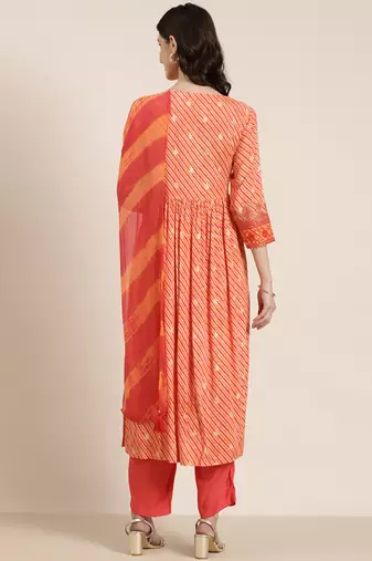 women's round neck leheriya leheriya orange anarkali kurta and trouser with dupatta
