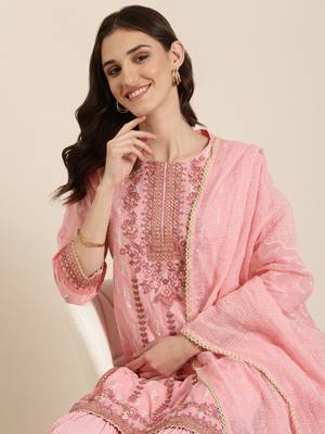 women's round neck paisley foil print pink straight kurta and sharara with dupatta 1