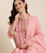 women's round neck paisley foil print pink straight kurta and sharara with dupatta