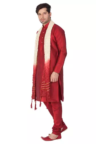 Maroon Silk Blend Kurta, Pyjama & Dupatta Set