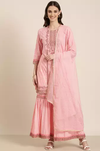 women's round neck paisley foil print pink straight kurta and sharara with dupatta