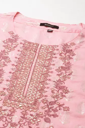 women's round neck paisley foil print pink straight kurta and sharara with dupatta