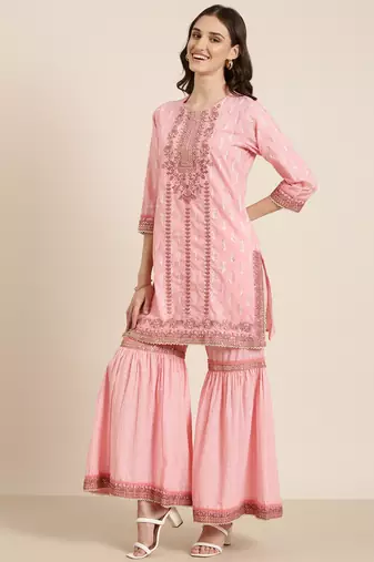 women's round neck paisley foil print pink straight kurta and sharara with dupatta