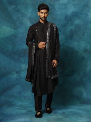 Black Viscose Blend Kurta, Pyjama & Dupatta Set 1