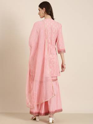 women's round neck paisley foil print pink straight kurta and sharara with dupatta 5
