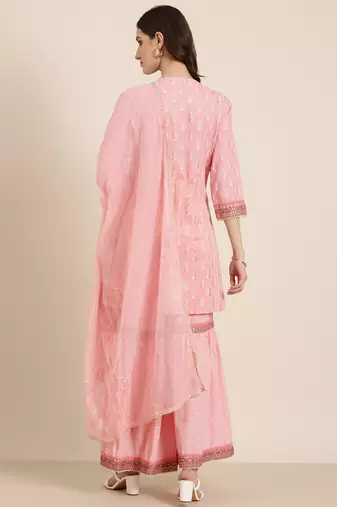 women's round neck paisley foil print pink straight kurta and sharara with dupatta
