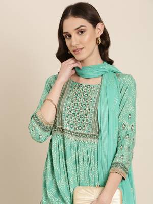 women's round neck bandhani green anarkali kurta and trouser with dupatta 2