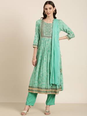 women's round neck bandhani green anarkali kurta and trouser with dupatta 1