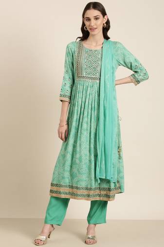 women's round neck bandhani green anarkali kurta and trouser with dupatta