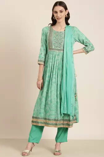women's round neck bandhani green anarkali kurta and trouser with dupatta