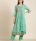 women's round neck bandhani green anarkali kurta and trouser with dupatta
