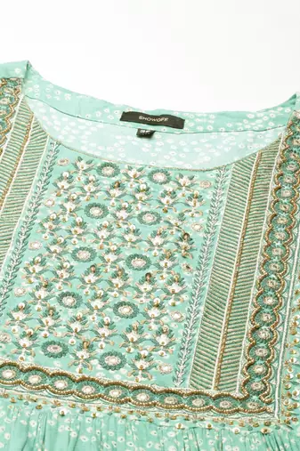 women's round neck bandhani green anarkali kurta and trouser with dupatta