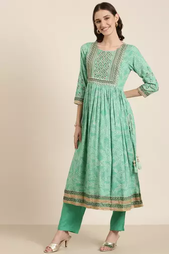 women's round neck bandhani green anarkali kurta and trouser with dupatta