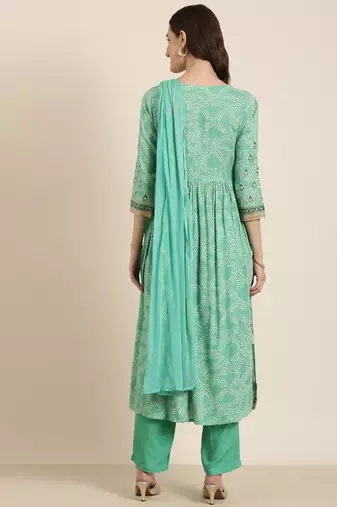 women's round neck bandhani green anarkali kurta and trouser with dupatta