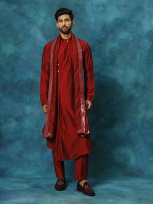 Men'S Maroon Viscose Blend Kurta, Pyjama & Dupatta Set 1