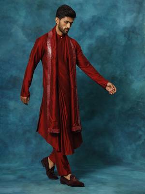 Men'S Maroon Viscose Blend Kurta, Pyjama & Dupatta Set 2
