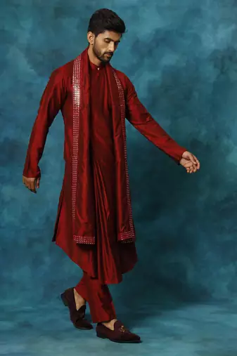 Men'S Maroon Viscose Blend Kurta, Pyjama & Dupatta Set