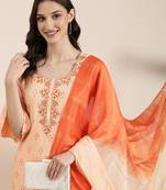 women's round neck floral foil print peach straight kurta and trouser with dupatta