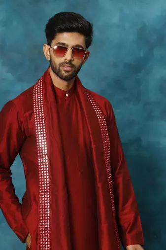 Men'S Maroon Viscose Blend Kurta, Pyjama & Dupatta Set