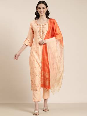 women's round neck floral foil print peach straight kurta and trouser with dupatta 2