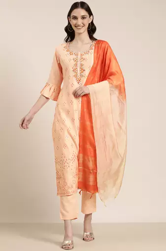 women's round neck floral foil print peach straight kurta and trouser with dupatta