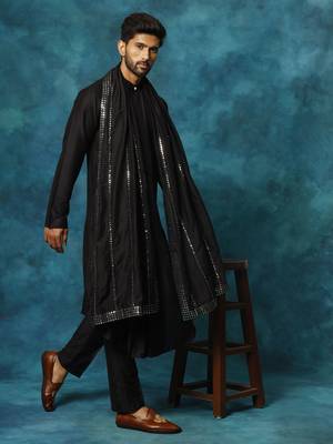 Black Viscose Rayon Chinese Collar Kurta Pyjama Set 1