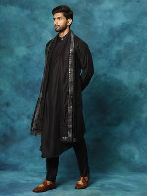 Black Viscose Rayon Chinese Collar Kurta Pyjama Set 2