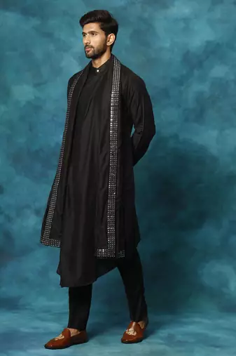 Black Viscose Rayon Chinese Collar Kurta Pyjama Set