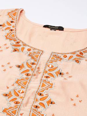 women's round neck floral foil print peach straight kurta and trouser with dupatta 3