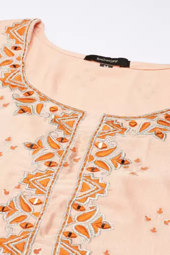 women's round neck floral foil print peach straight kurta and trouser with dupatta