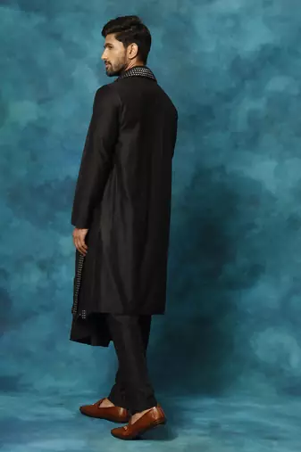 Black Viscose Rayon Chinese Collar Kurta Pyjama Set